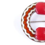 An Art Deco sterling silver enamel and red stone circular brooch, brooch diameter 36.5mm, 11g Fair