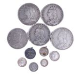 A group of Victorian silver crowns and other coins