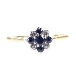 A mid-20th century 18ct gold sapphire and diamond cluster flowerhead ring, setting height 7.4mm,