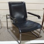 Marcel Breuer for Thonet, a B35 cantilever black leather lounge chair, on chrome steel frame, with