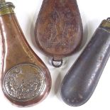 3 19th century embossed leather and metal powder flasks (3)