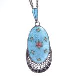 A Continental sterling silver enamel and marcasite floral pendant necklace, on unmarked white