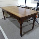 19th century fruitwood farmhouse table, 2 frieze drawers and ring turned legs, 179cm x 79cm