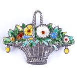 An Art Nouveau unmarked silver and enamel flower basket brooch, brooch length 49.5mm, 10.9g Good