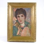 Henri Malencon (1876 - 1960), oil on paper, portrait of a woman, signed, 19" x 12.5", framed Good
