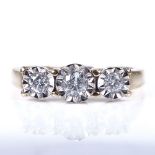 A 9ct gold 3-stone diamond dress ring, total diamond content approx 0.25ct, setting height 5.2mm,