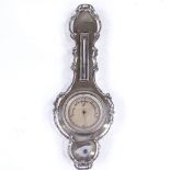 A small Edwardian novelty silver banjo-shaped barometer / thermometer, with pierced foliate