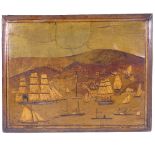 A specimen wood sailor's marquetry picture, depicting a busy harbour scene with steam and sail