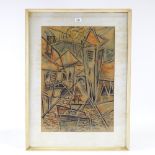 Mid-century watercolour gouache on board, cubist townscape, indistinctly signed and dated '54, 23" x