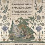 An early 19th century needlework sampler, Elizabeth Thornton's work, aged 12 year, 1836, depicting a