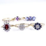 6 9ct gold stone set rings, stones include opal sapphire diamond and amethyst, sizes J, N x 2, O and