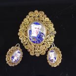 A 19th century Continental unmarked yellow metal and enamel portrait panel matching brooch and