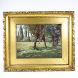 19th century oil on canvas, cattle in summer meadow, unsigned, 12" x 16", framed Very good condition
