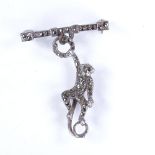 1940s novelty full set marcasite pendant brooch, in the form of a monkey suspended from a hoop and