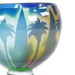 Orrefors coloured glass bowl, with etched palm tree design, engraved signature with monogram HW,