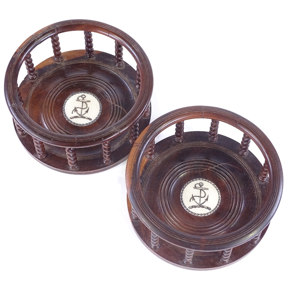 A pair of lignum vitae ship's decanter coasters, with delicate barley twist spindles and inset - Image 2 of 3