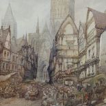Paul Marny, large 19th century watercolour, Notre Dame de Rouen, signed, 23" x 38", framed Good