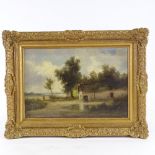 19th century oil on canvas, rural scene, signed with monogram, 10" x 15", framed Lined with a few