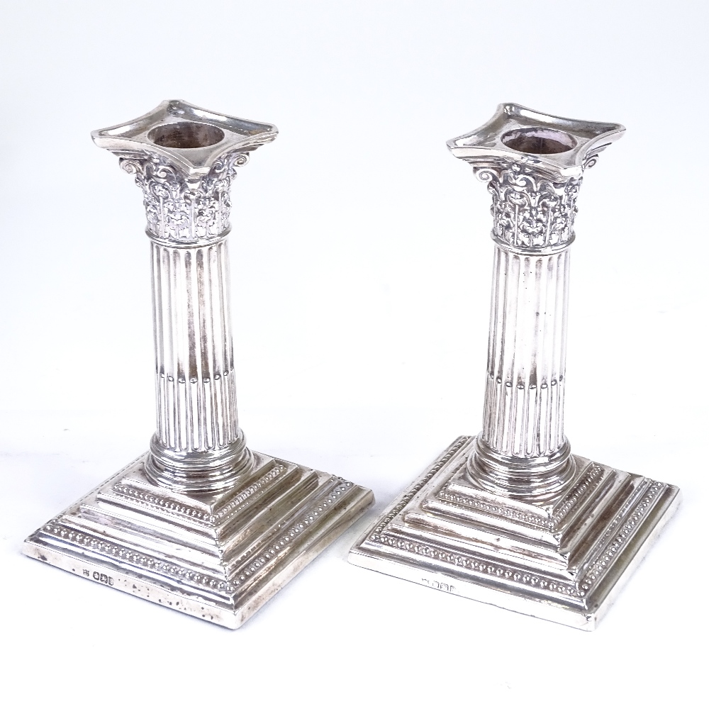 A pair of late Victorian squat silver Corinthian column candlesticks, by Walter Latham & Son, - Image 3 of 4
