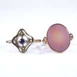 An unmarked gold sardonyx panel seal ring, size J, 2.7g, and a 9ct gold sapphire and split pearl
