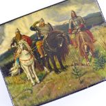 A 19th century Russian box with hand painted lid, depicting 3 warriors on horseback, inscribed in
