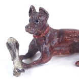 An Austrian cold painted bronze dog with a bone, length 6.5cm Paintwork is rubbed on the high points