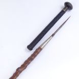 A 19th century rootwood spear walking stick, with woven screw handle and horn end