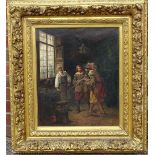 19th century oil on canvas, genre interior scene, Cavaliers with a blacksmith, indistinctly