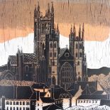 Robert Tavener, lino-cut print, Canterbury Cathedral from the west, signed in pencil, artist's