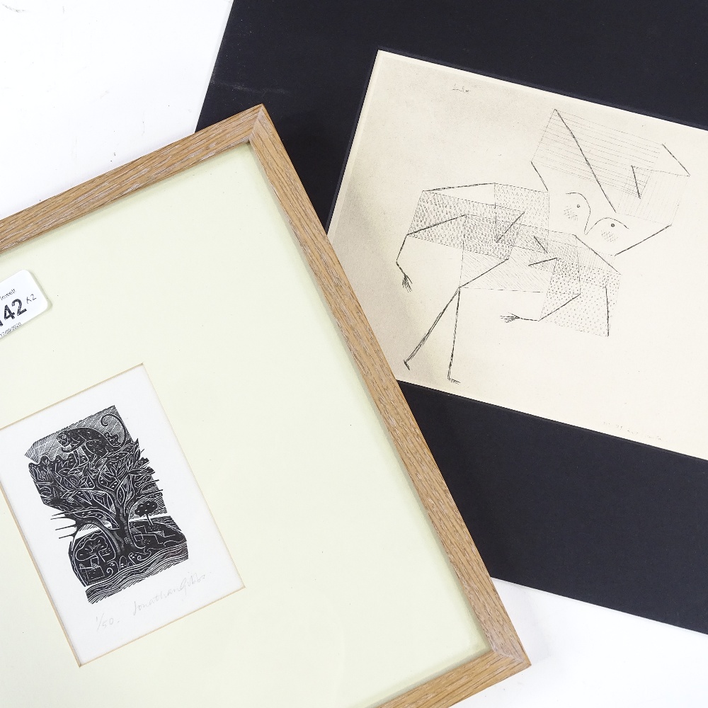 Jonathan Gibbs, woodcut print, The Lord Buddha as a Monkey, image 3" x 2", and a Paul Klee,