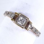A modern 9ct gold Princess and round-cut diamond dress ring, setting height 5.1mm, size M, 1.8g Very