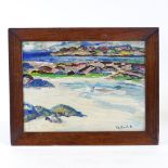 Oil on board, coastal view, indistinctly signed, 10" x 14", framed Good condition