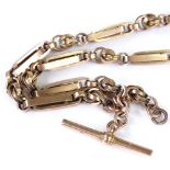 An early 20th century 9ct rose gold fancy link Albert chain, with 2 dog clips and yellow metal T-