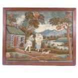 A needlework and crewel work panel pole screen, late 18th/early 19th century, depicting figures