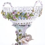 A German porcelain basket on stand, supported by 2 cherubs, height excluding handles 35cm A number