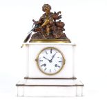 A French white marble 8-day mantel clock, by Rollin of Paris, surmounted by gilt-bronze figure
