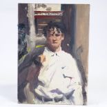 Howard Morgan, oil on canvas, portrait of a waiter, 24" x 17", unframed Canvas impression to the