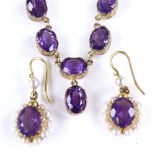 A 9ct gold oval-cut amethyst drop necklace, and a pair of 9ct gold amethyst and pearl drop earrings,