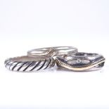 3 Danish sterling silver and gilt modernist stylised rings, no maker's marks, largest band width 6.