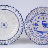 A Wedgwood Creamware basket weave design ribbon plate, diameter 28cm, and a Continental tin glazed