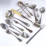Various English and American silver flatware, including ivory-handled Stilton scoop, sauce ladle,