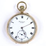 J W BENSON - an 18ct gold open-face top-wind pocket watch, white enamel dial with black painted