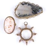Various gold jewellery, including 9ct moss agate brooch, 9ct pink coral brooch, and 10ct ship's