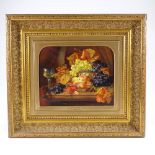 T Baxter Tiffin, oil on canvas, detailed still life, fruit and butterfly, signed, 12" x 16",
