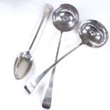 2 Georgian silver Old English pattern ladles, and a Georgian stuffing spoon, hallmarks Newcastle