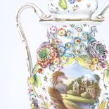 A 19th century Coalbrookdale 2-handled vase and cover, with painted castle scene and encrusted
