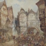 Paul Marny, large 19th century watercolour, the old market square Rouen, signed, 25" x 39", framed