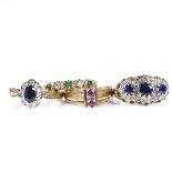 4 9ct gold stone set rings, gem stones include sapphire diamond ruby and emerald, sizes L, M, O