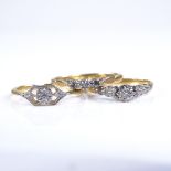 3 mid-20th century 18ct gold diamond dress rings, sizes O x 2, and R, 6.6g (3) All in good