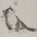 Foujita, etching, cat and butterfly, signed in pencil, plate 3.75" x 3.75", framed There are a few